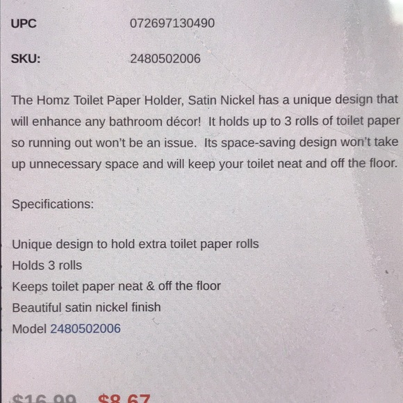 Homz smart solutions TOLIET PAPER HOLDER NEW 💫NWT satin nickel finish 3 roll 🛍 - Picture 4 of 6